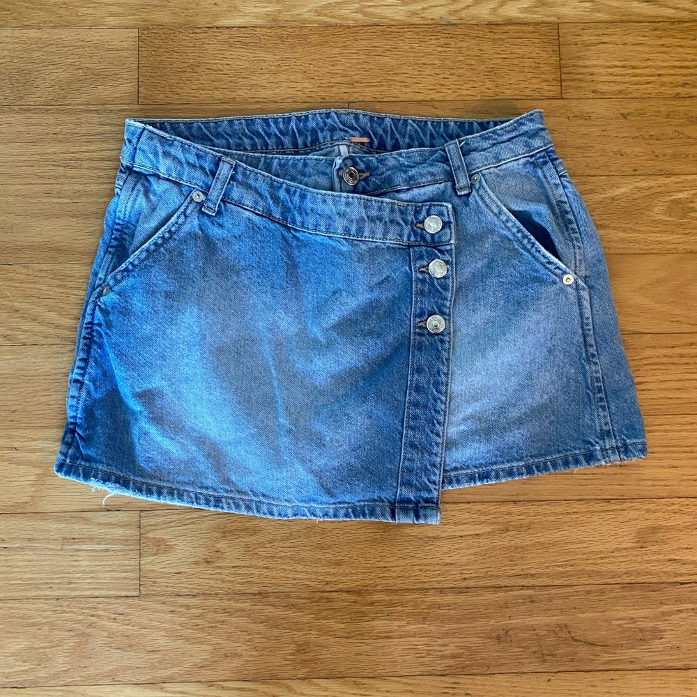 Free People Blue Denim Asymmetrical button closure Mini Skirt